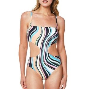 Sanctuary Wavy Printed Side Cutout Swimsuit, MultiColor, S one piece bathingsuit
